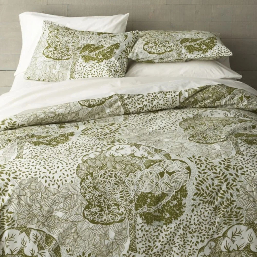 Crate&Barrel Duvet Cover and Shams Set Olive Green Trees and Leaves.